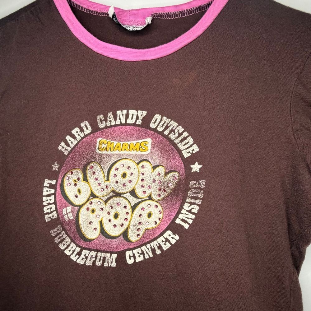 Vintage Y2K Self Esteem Blow Pop Rhinestone Brown Pink Ringer Shirt Womens Small
